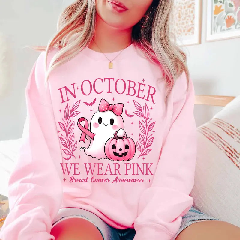 "In October We Wear Pink" T-Shirt - Retro Breast Cancer Awareness & Halloween Tee