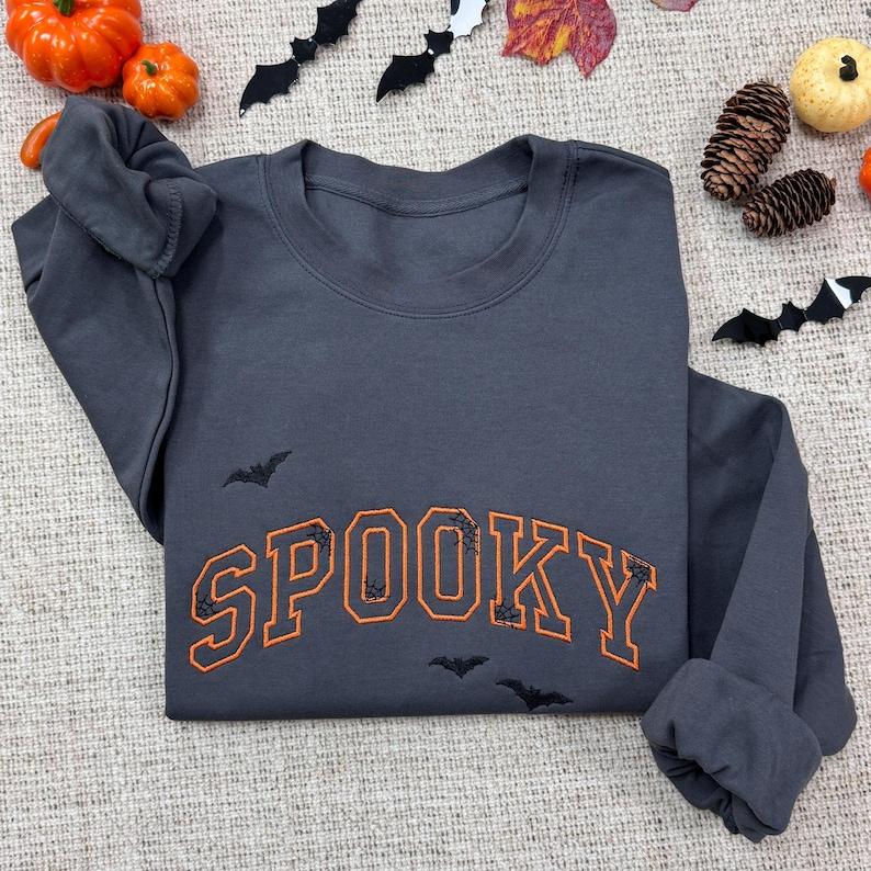 Spooky Embroidered Halloween Sweatshirt – Fall Ghost Pullover, Cozy Autumn Crewneck for Spooky Season