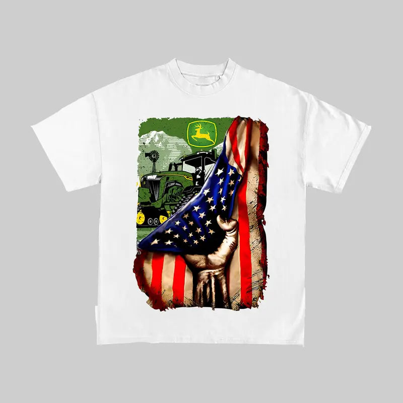 John Deere Tractor US Flag T-Shirt - American Farmer Graphic Tee