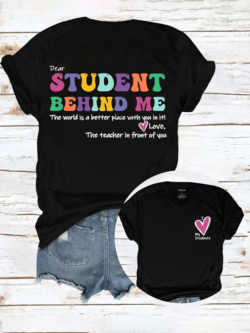 Women's Letter & Heart Print T-Shirt – Casual Crew Neck Tee, Soft Summer Top for Vacation & Daily Wear