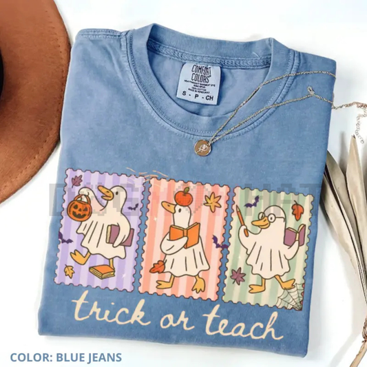 Funny Teacher Goose Halloween Comfort Colors Shirt – "Trick or Teach" Cute Ghost Tee, Elementary Teacher Humor Gift, Unisex
