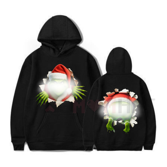 Christmas Movie Character Green Guy Through Hole 2 Sided Graphic Printed T-Shirt Hoodie