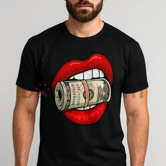 HAGBDH Bold Oversized Graphic Tee – Red Lips Biting Cash Roll, Y2K Streetwear Cotton Crewneck Top, Unisex Fall Outfit