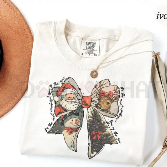 Comfort Colors Women's Vintage Christmas T-Shirt – Holiday Bow Santa Reindeer Graphic, Eco-Friendly Dye Tee