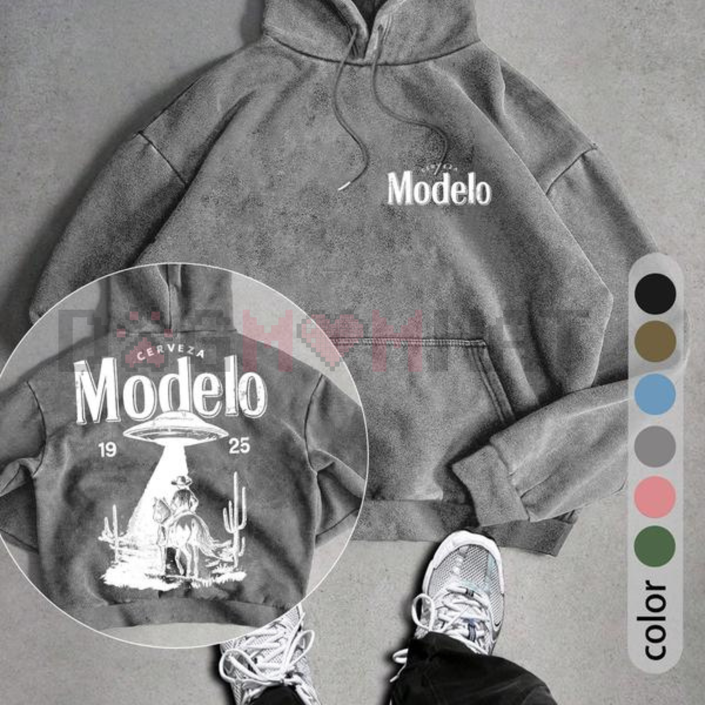 UFO and Western Cowboy Men's Street Retro Style Washed Hooded
