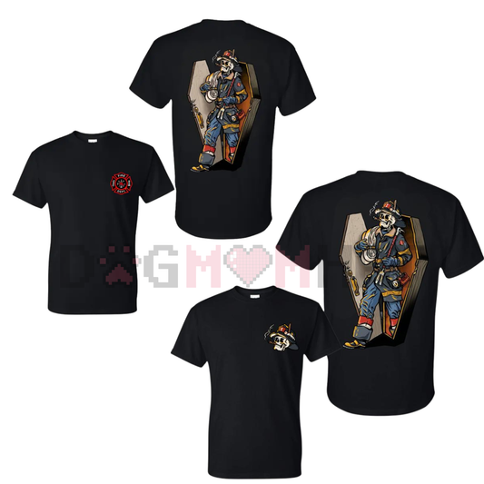 Firefighter Skull Coffin Graphic Tee – Edgy Gothic Statement Design, 2 Sides, Bold Wear For First Responders, Fire Department Apparel