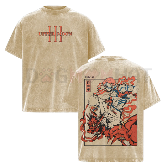 Akaza Upper Moon 3 T-Shirt – Demon Slayer Infinity Castle Arc Graphic Tee, Vintage Washed Oversized Anime Shirt