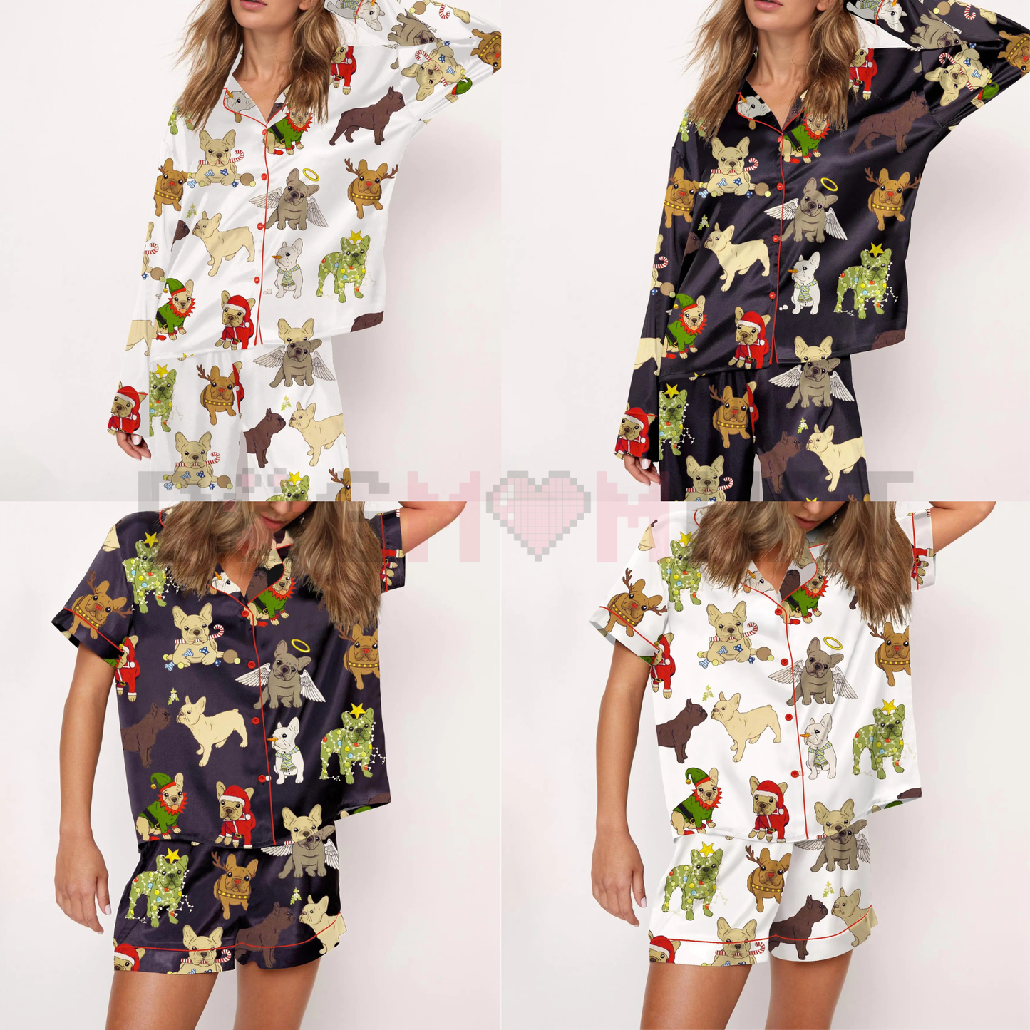 Christmas French Bulldog Satin Pajama Set For Women – Comfy Satin Sleepwear & Loungewear Pjs