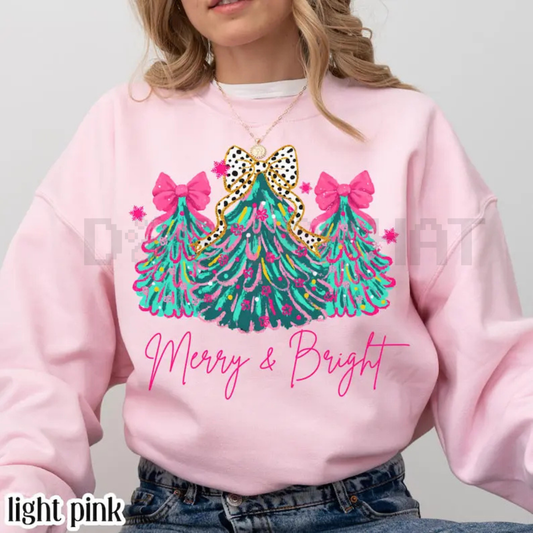 "Merry & Bright" Tree Sweatshirt with Festive Lights & Bows