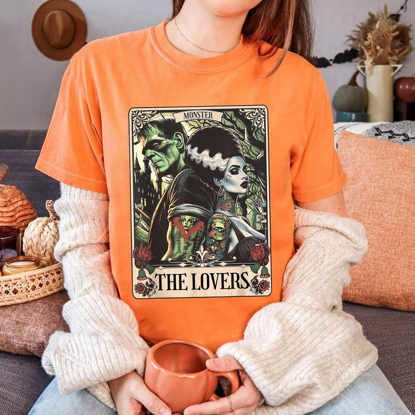 The Lovers Tarot Card T-Shirt – Gothic Monster-Inspired Graphic Tee, Vintage Horror Couple Shirt for Fans of Retro & Occult Style