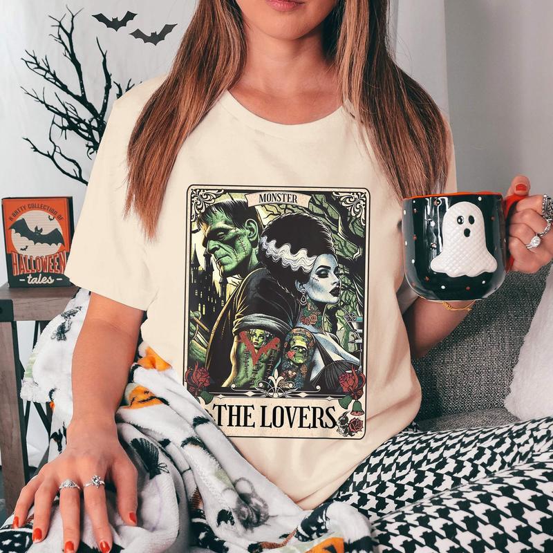 The Lovers Tarot Card T-Shirt – Gothic Monster-Inspired Graphic Tee, Vintage Horror Couple Shirt for Fans of Retro & Occult Style