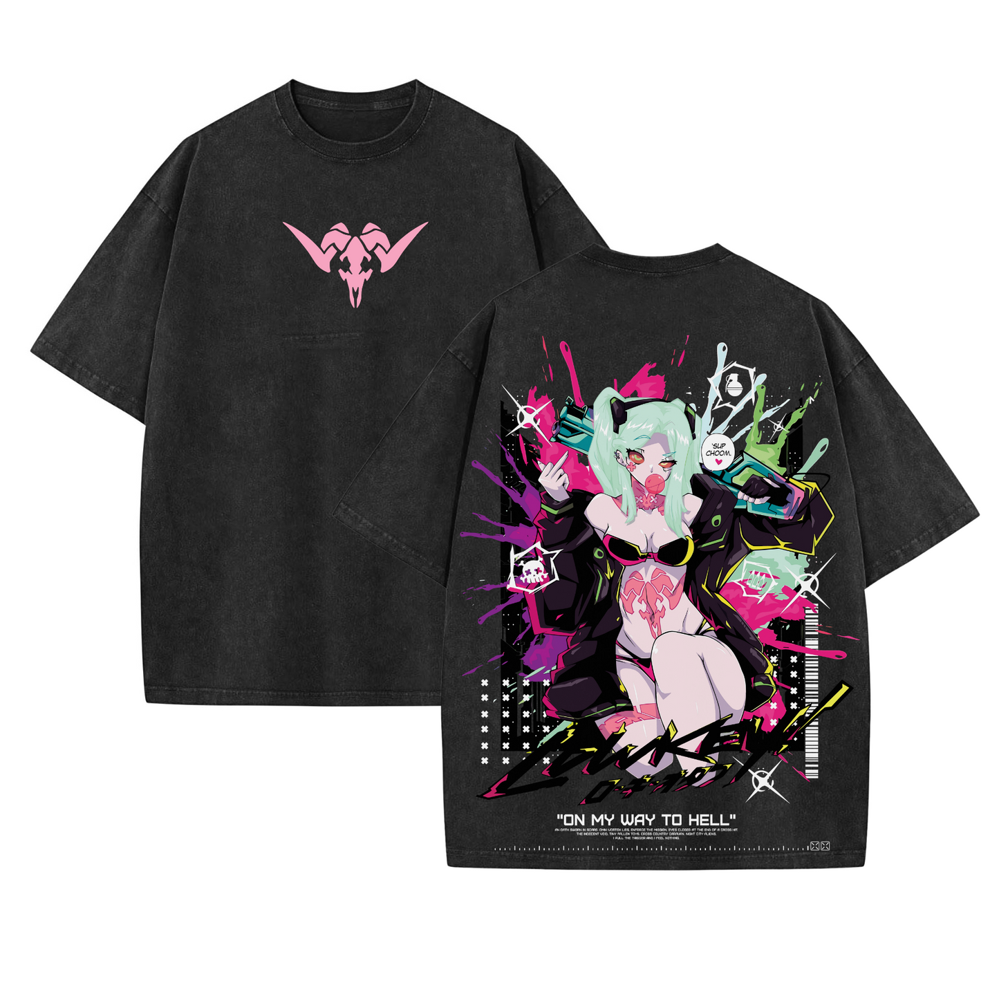 Rebecca Cyberpunk Edgerunners Double Printed Acid Washed T-Shirt