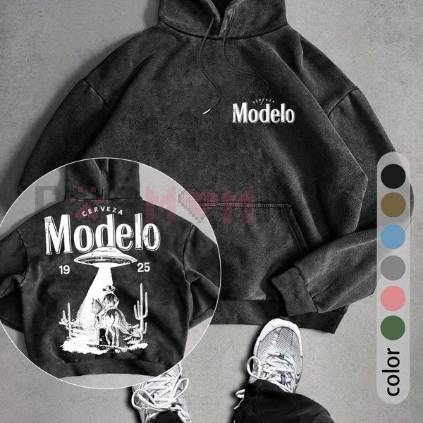 UFO and Western Cowboy Men's Street Retro Style Washed Hooded