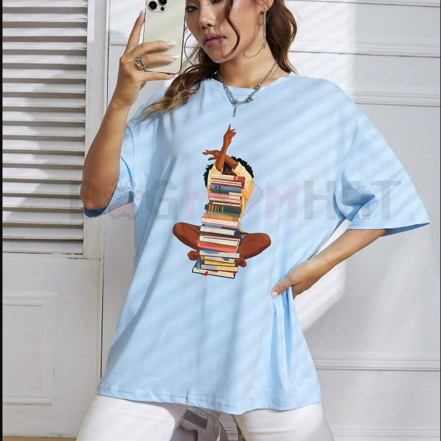Black Woman And Books Stack Afro Girl Book Lover T-Shirt – Unisex Reading Graphic Tee