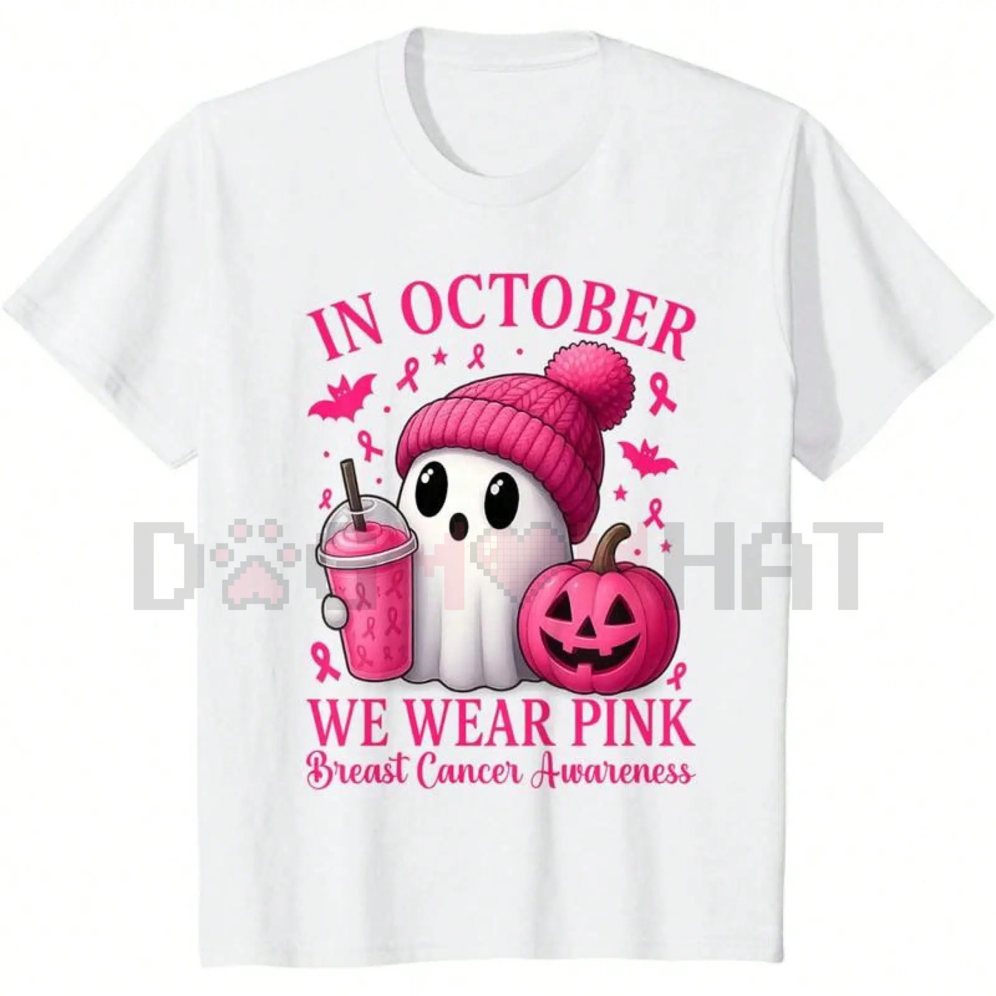 "In October We Wear Pink Breast" Cancer Awareness Tee – Cute Ghost & Pumpkin Graphic Print Shirt, Unisex Halloween Tops