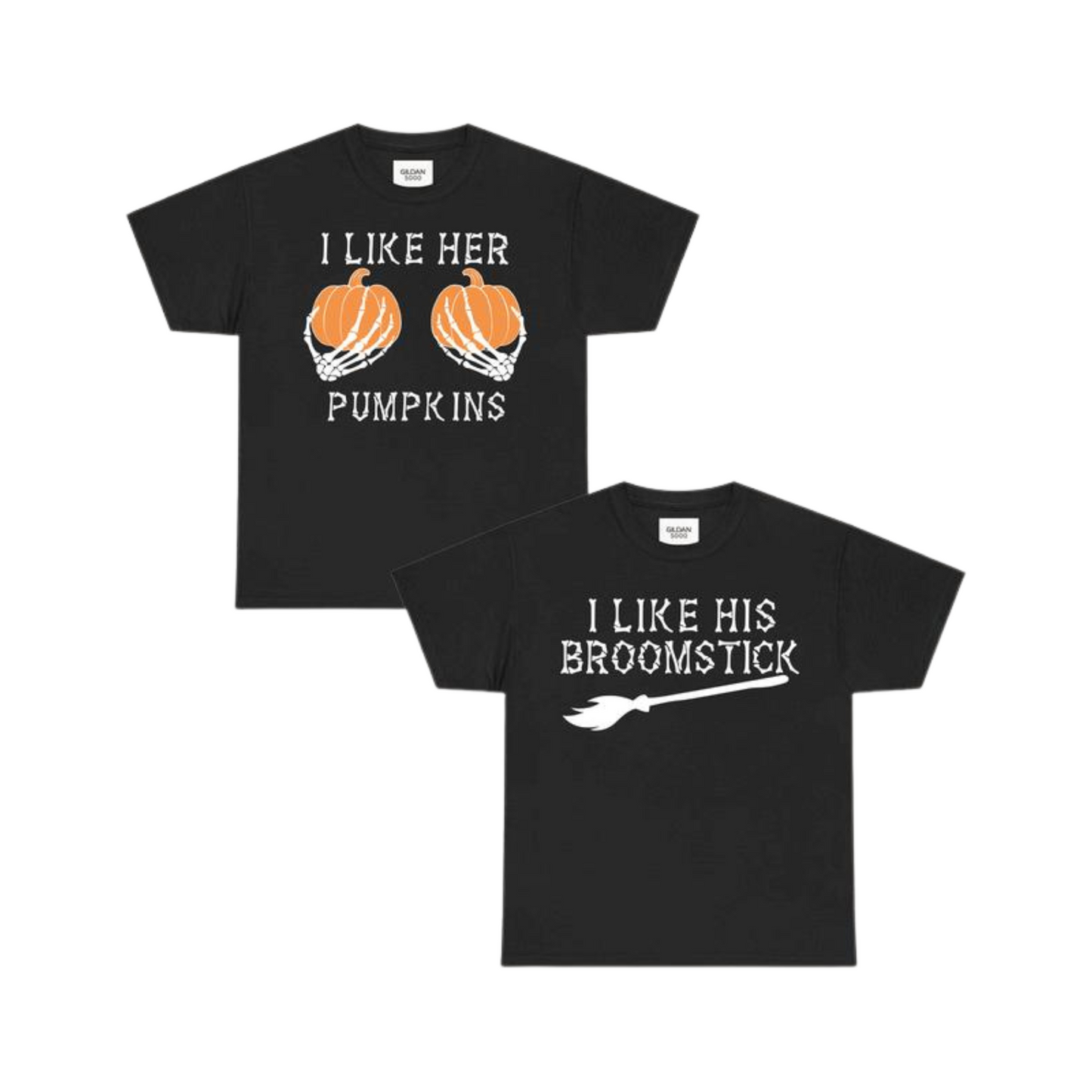 "I Like Her Pumpkins / I Like His Broomstick" Funny Halloween Couple Shirts