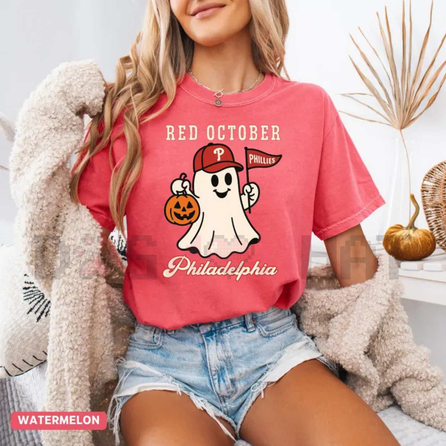 'Red October' Halloween Ghost T-Shirt – Spooky Baseball Philadelphia Tee, Phillies Fan Vintage Halloween Shirt