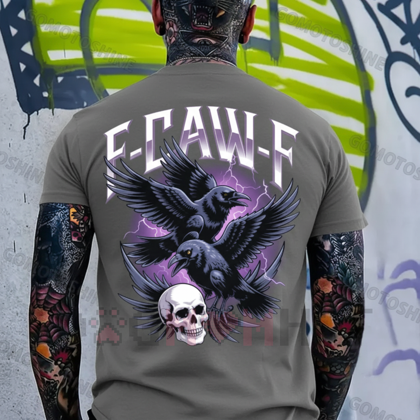 F*CK OFF Crow And Skull Print Men's T-shirt – Summer Medium Length Plain Beige Menswear Tops