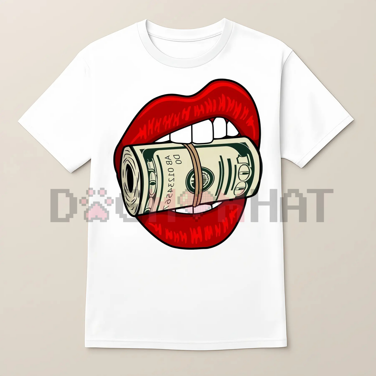 HAGBDH Bold Oversized Graphic Tee – Red Lips Biting Cash Roll, Y2K Streetwear Cotton Crewneck Top, Unisex Fall Outfit