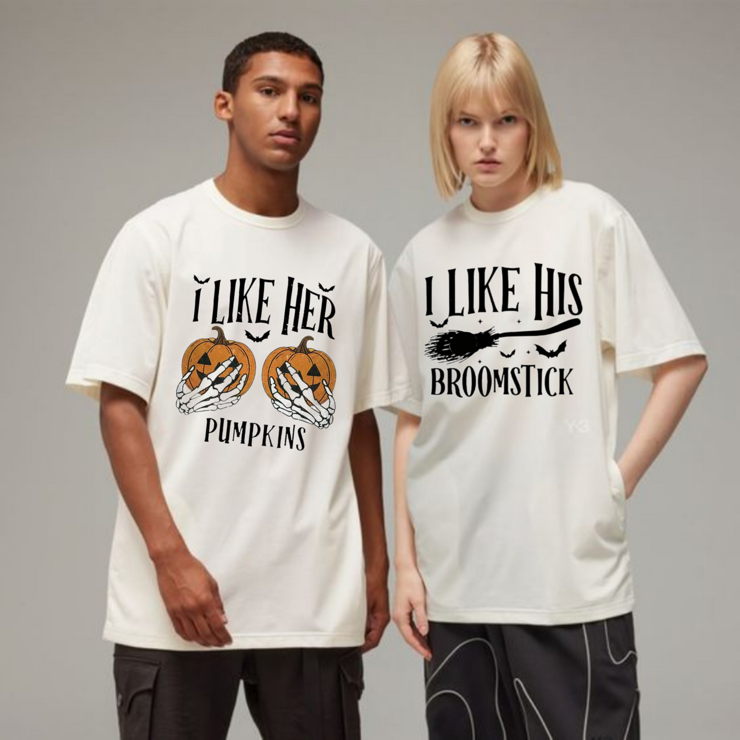 Couple Halloween Shirt – "I Like Her Pumpkins" & "I Like His Broomstick", Matching Funny Halloween T-Shirt