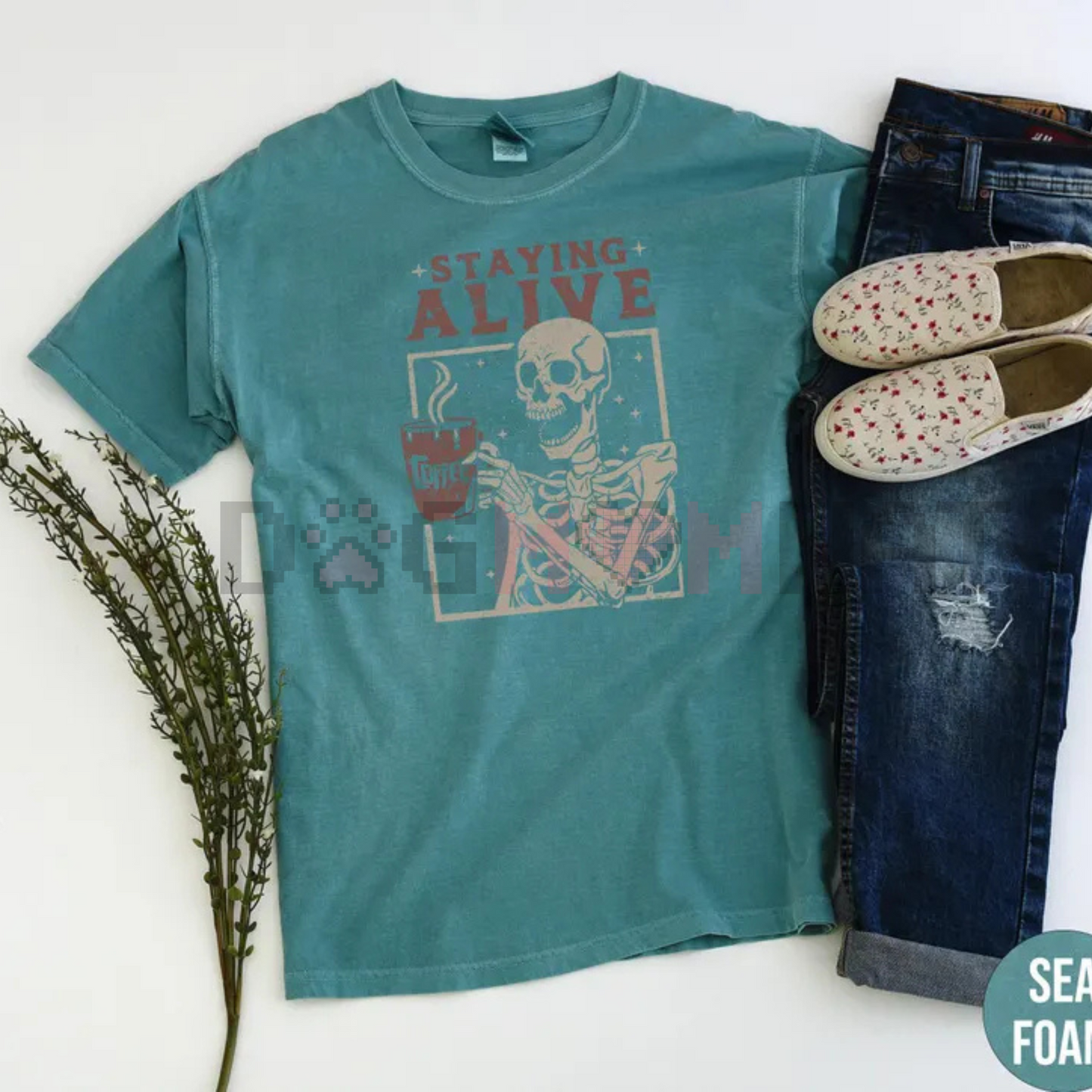 "Staying Alive" Coffee T-Shirt – Funny Skeleton Tee, Trendy Retro Halloween, Women's Comfort Colors Shirt