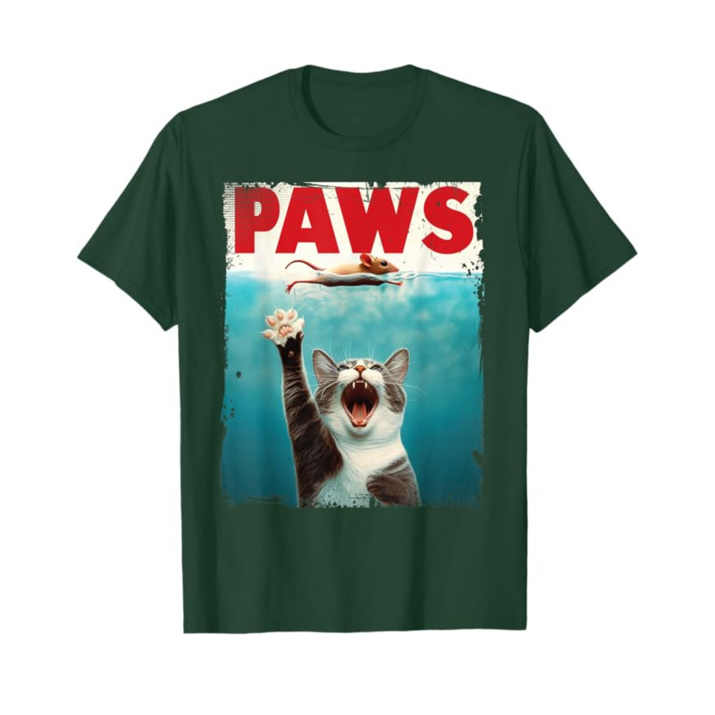 PAWS Parody Cat Mouse T-Shirt – Humorous Cat Chasing Mouse Tee