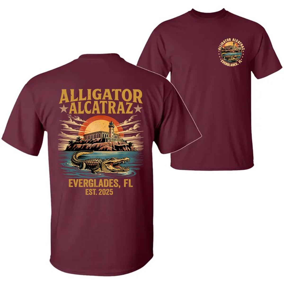 Retro Alligator Alcatraz T-Shirt – Funny Florida Everglades Double-Sided Tee, Southern Swamp Humor Shirt for Men & Women