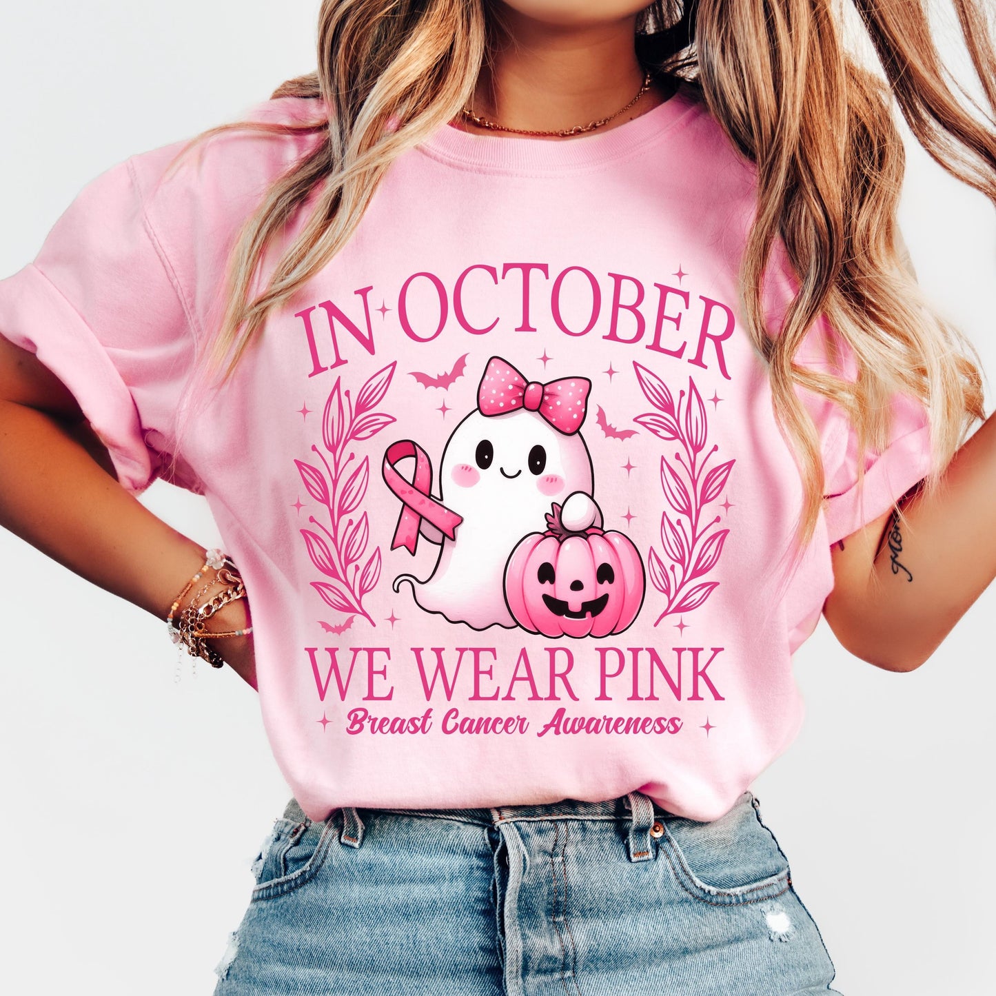 "In October We Wear Pink" T-Shirt - Retro Breast Cancer Awareness & Halloween Tee