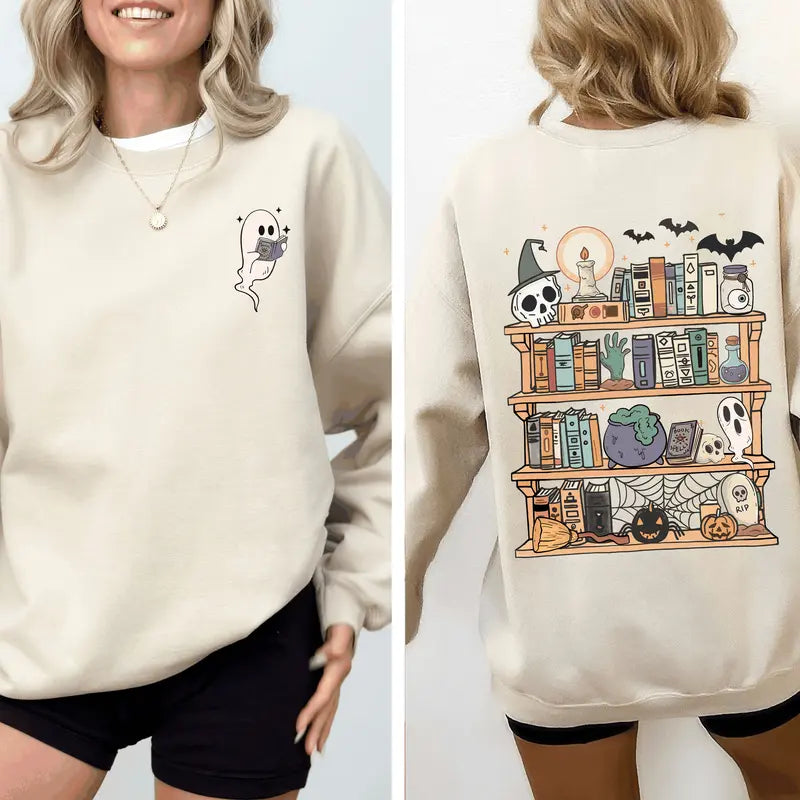 "Reading Ghost" Halloween Sweatshirt - Front & Back Teacher Boo Tee