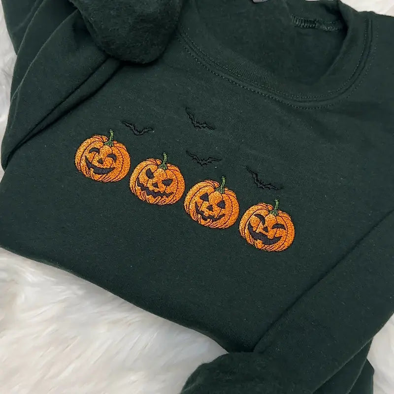 Embroidered Halloween Pumpkins Sweatshirt - Spooky Season Apparel with Bats
