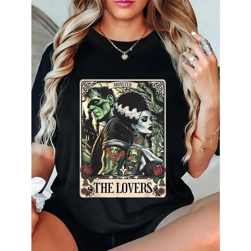 Frankenstein & Bride The Lovers Tarot Card T-Shirt – Halloween Graphic Tee