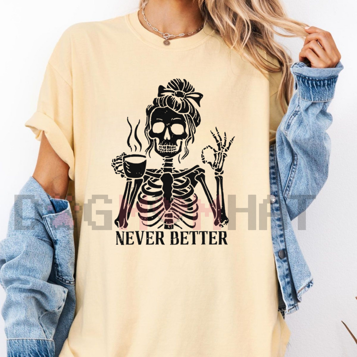 'Never Better' Skeleton Shirt – Halloween Humor Coffee Lover T-shirt, Spooky Fall Essential, Goth Aesthetic Tee