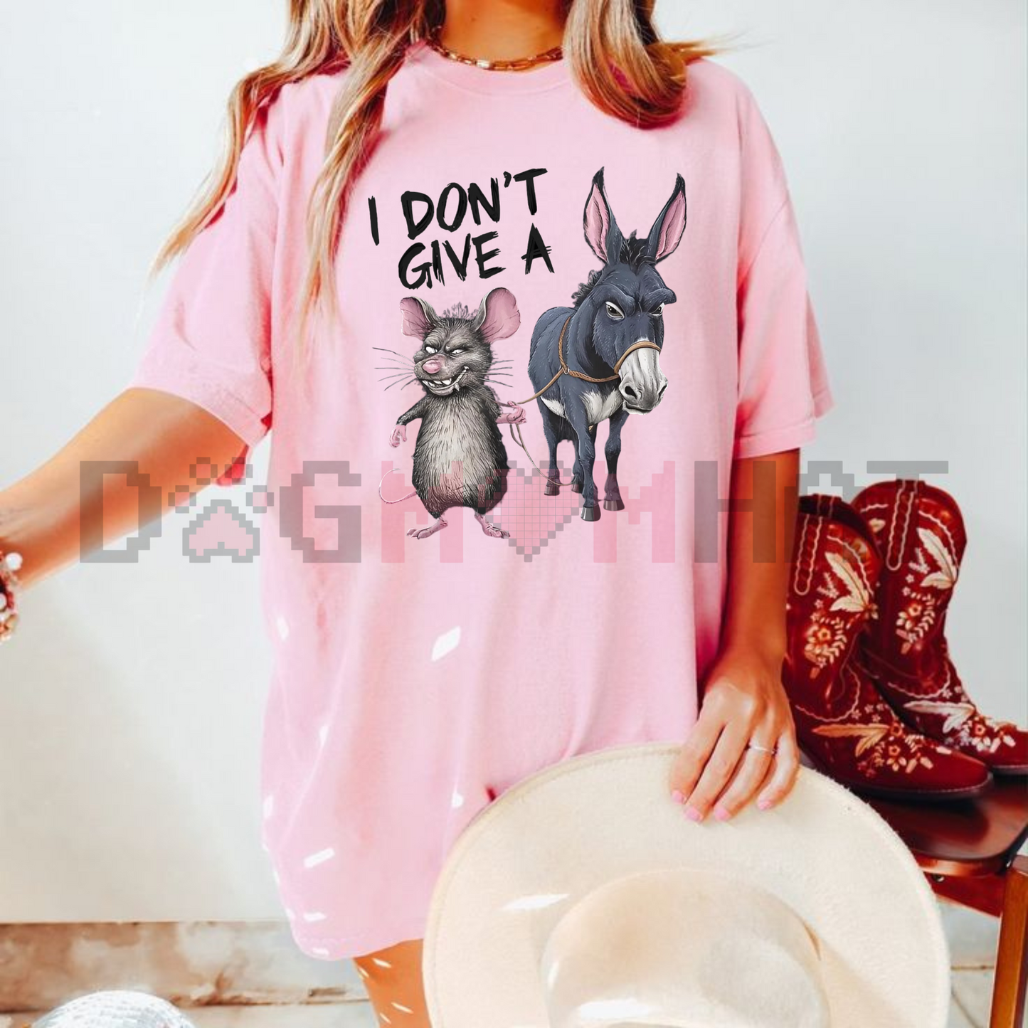 Men's Funny "I Don't Care" Mouse & Donkey T-Shirt – Vintage Loose 180g Cotton Humor Graphic Tee