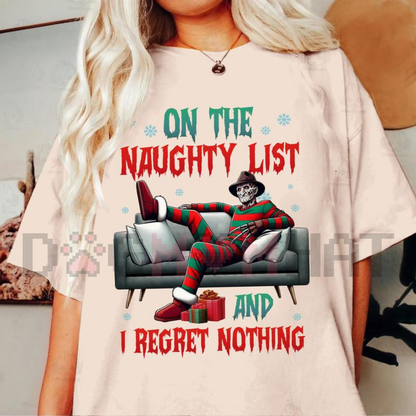 On The Naughty List And I Regret Nothing" Christmas Shirt – Team Naughty Sweater, Festive Holiday Movies Tee