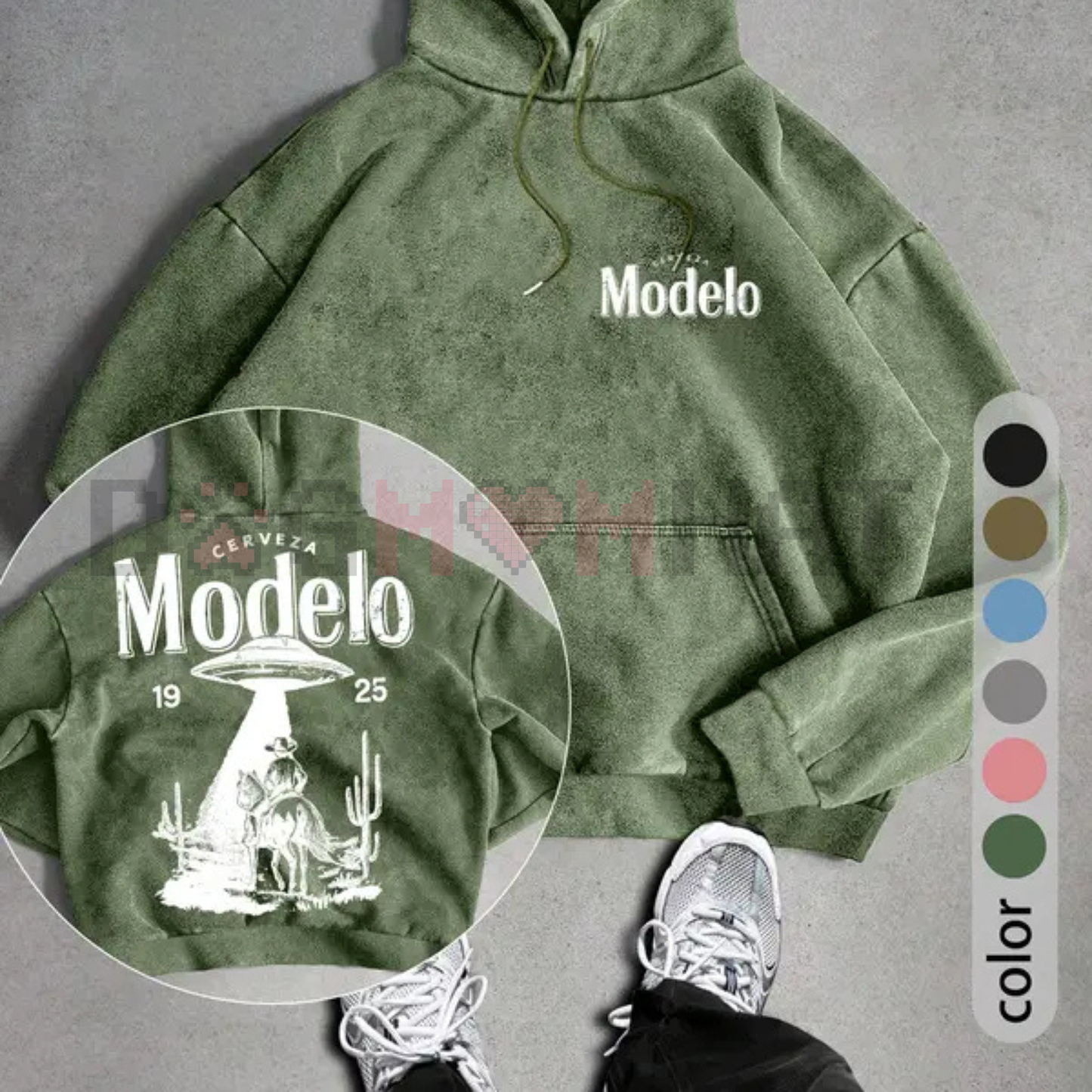 UFO and Western Cowboy Men's Street Retro Style Washed Hooded