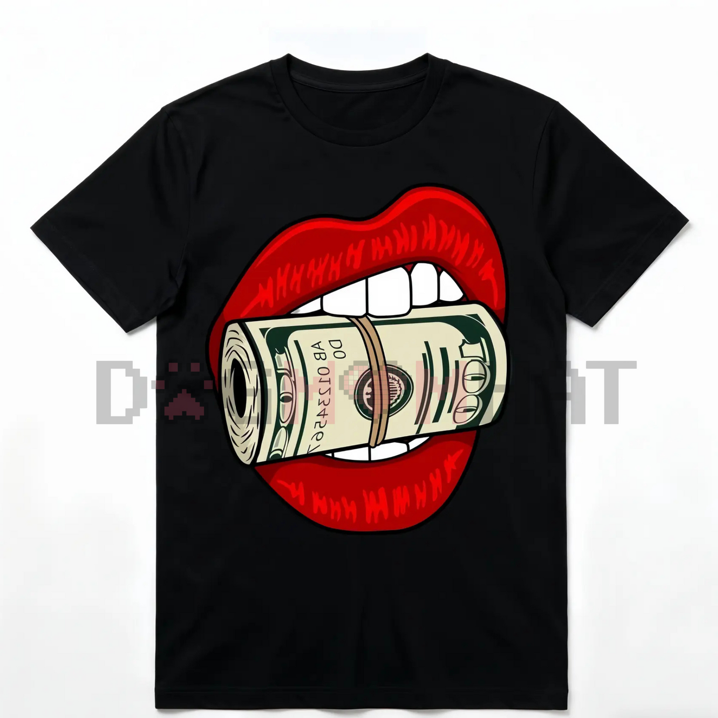 HAGBDH Bold Oversized Graphic Tee – Red Lips Biting Cash Roll, Y2K Streetwear Cotton Crewneck Top, Unisex Fall Outfit