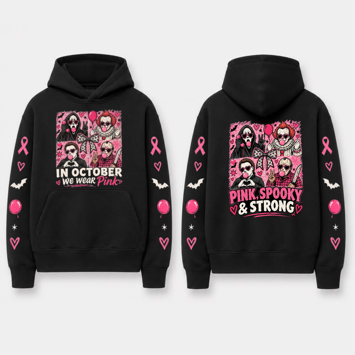 "In October We Wear Pink" Horror Spooky Ribbon Graphic Hoodie