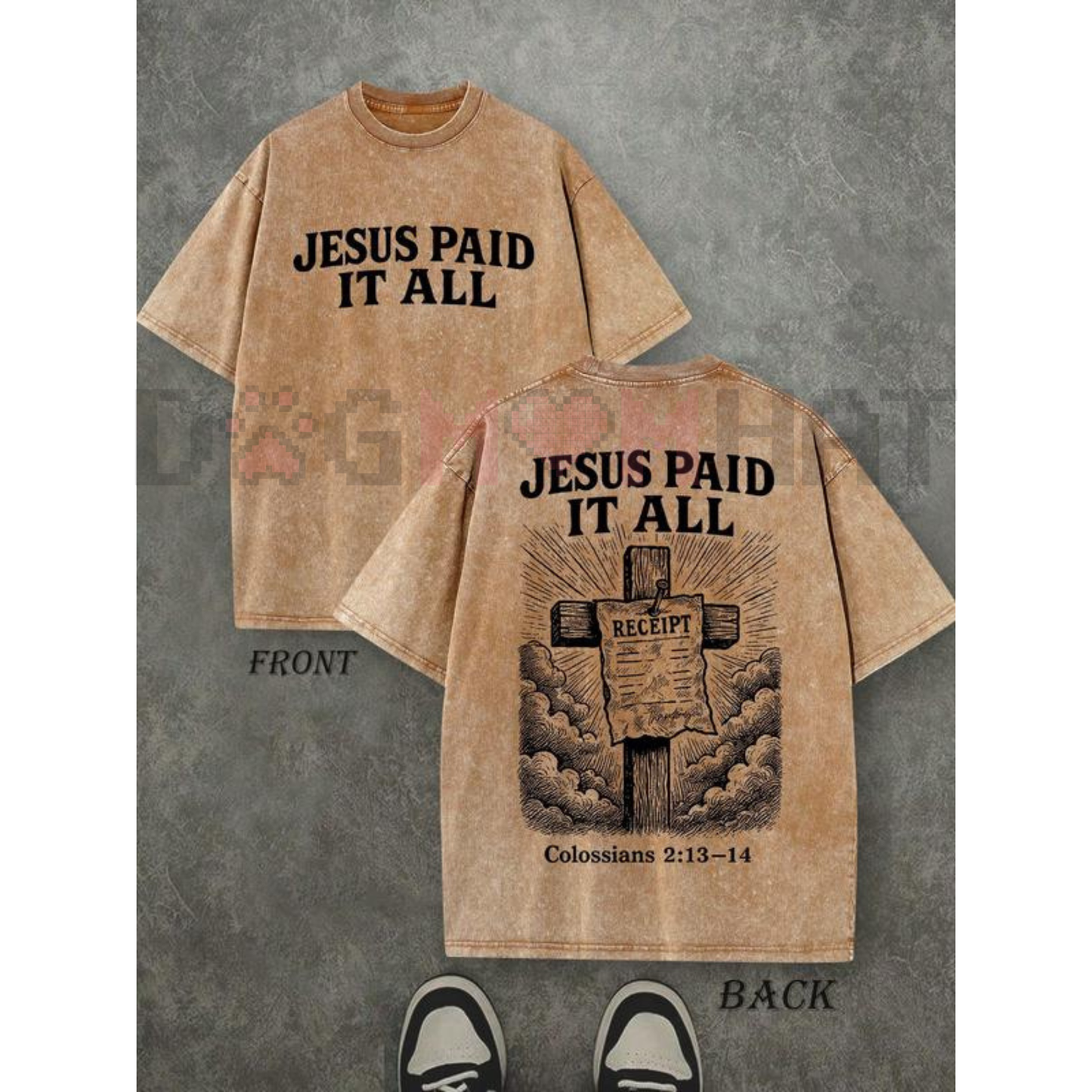 Retro Washed T-Shirt Double Sided Printed 'JESUS PAID IT ALL' Letter & Cross Pattern