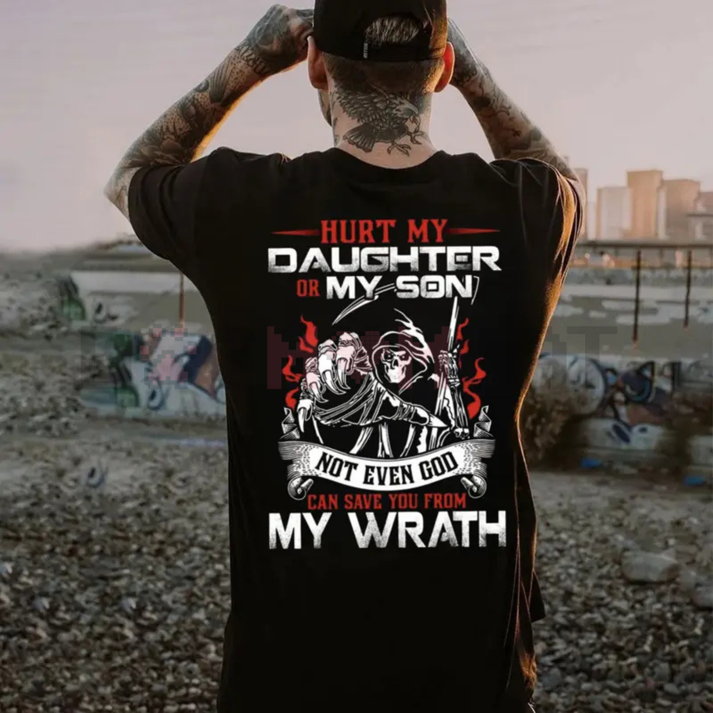 Protective Dad Graphic Tee – “Hurt My Daughter or Son, Not Even God Can Save You” Shirt