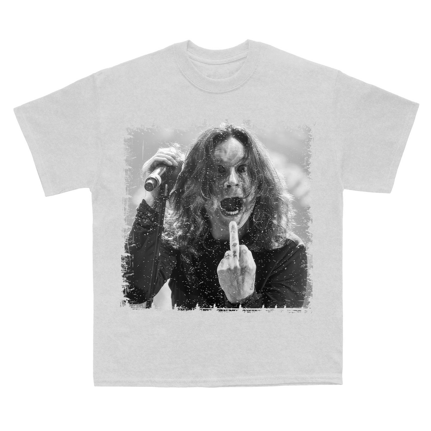 Ozzy Osbourne B&W T-Shirt – Black Sabbath Tribute Tee, Bold Middle Finger Graphic, Unisex Rock Apparel
