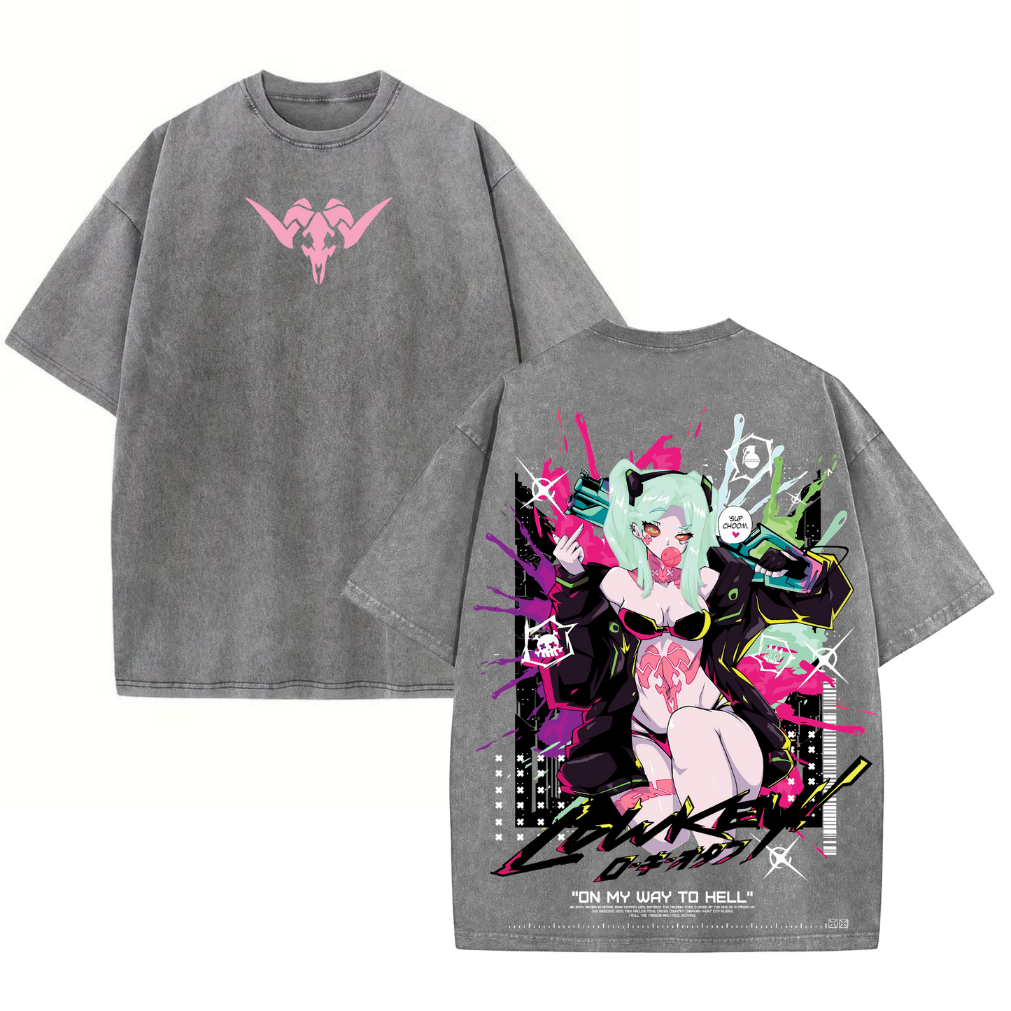 Rebecca Cyberpunk Edgerunners Double Printed Acid Washed T-Shirt