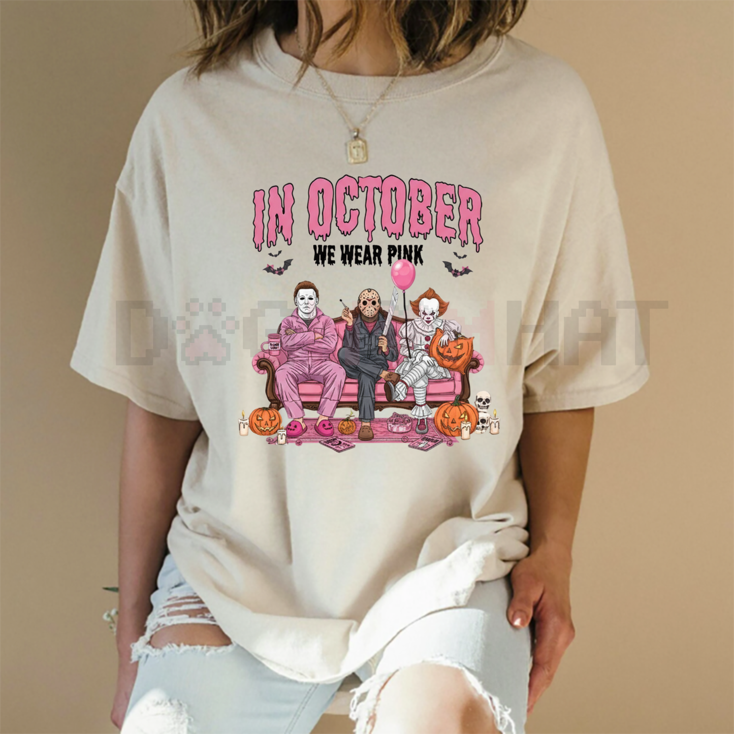Women's Halloween Graphic T-Shirt – "In October We Wear Pink" Lettering with Ghosts Pumpkins Candy Design