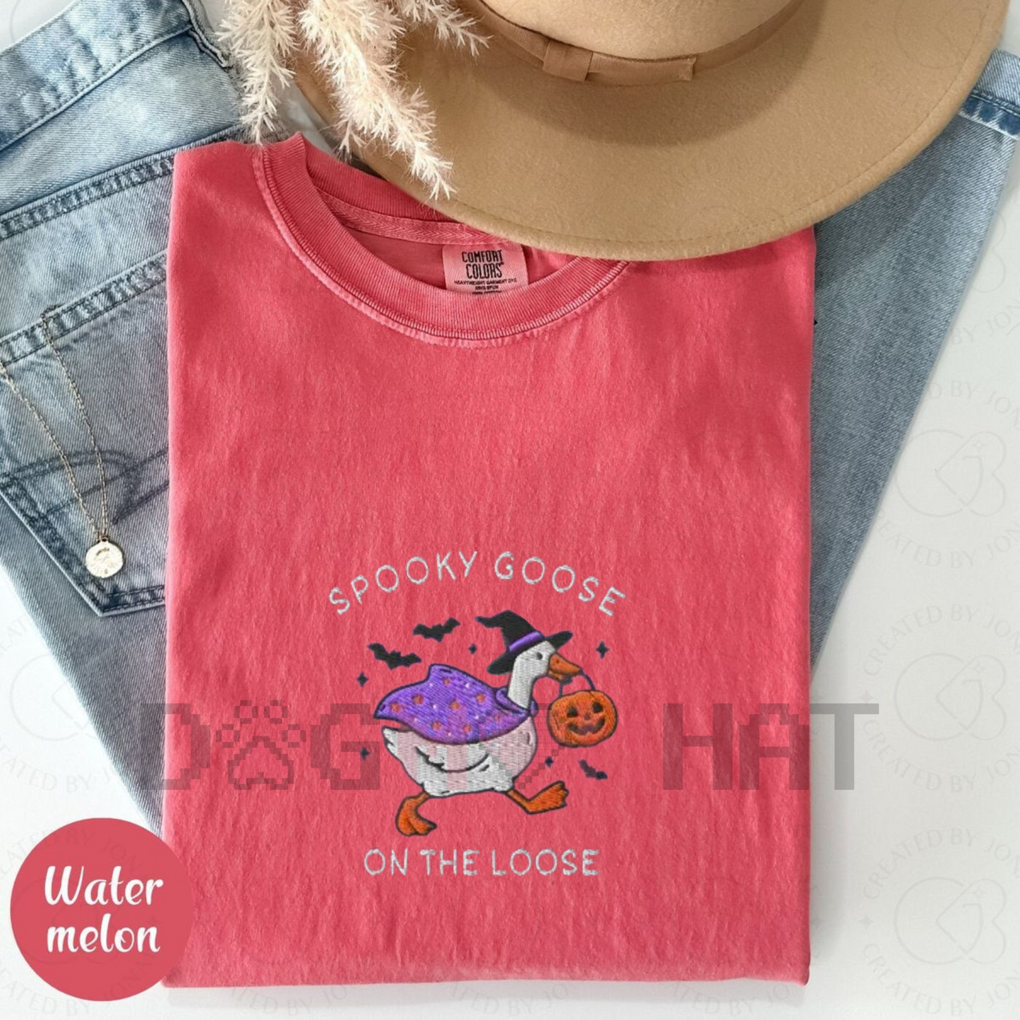 Embroidered Spooky Goose Comfort Colors® T-Shirt – Witchy Silly Goose Lover Tee