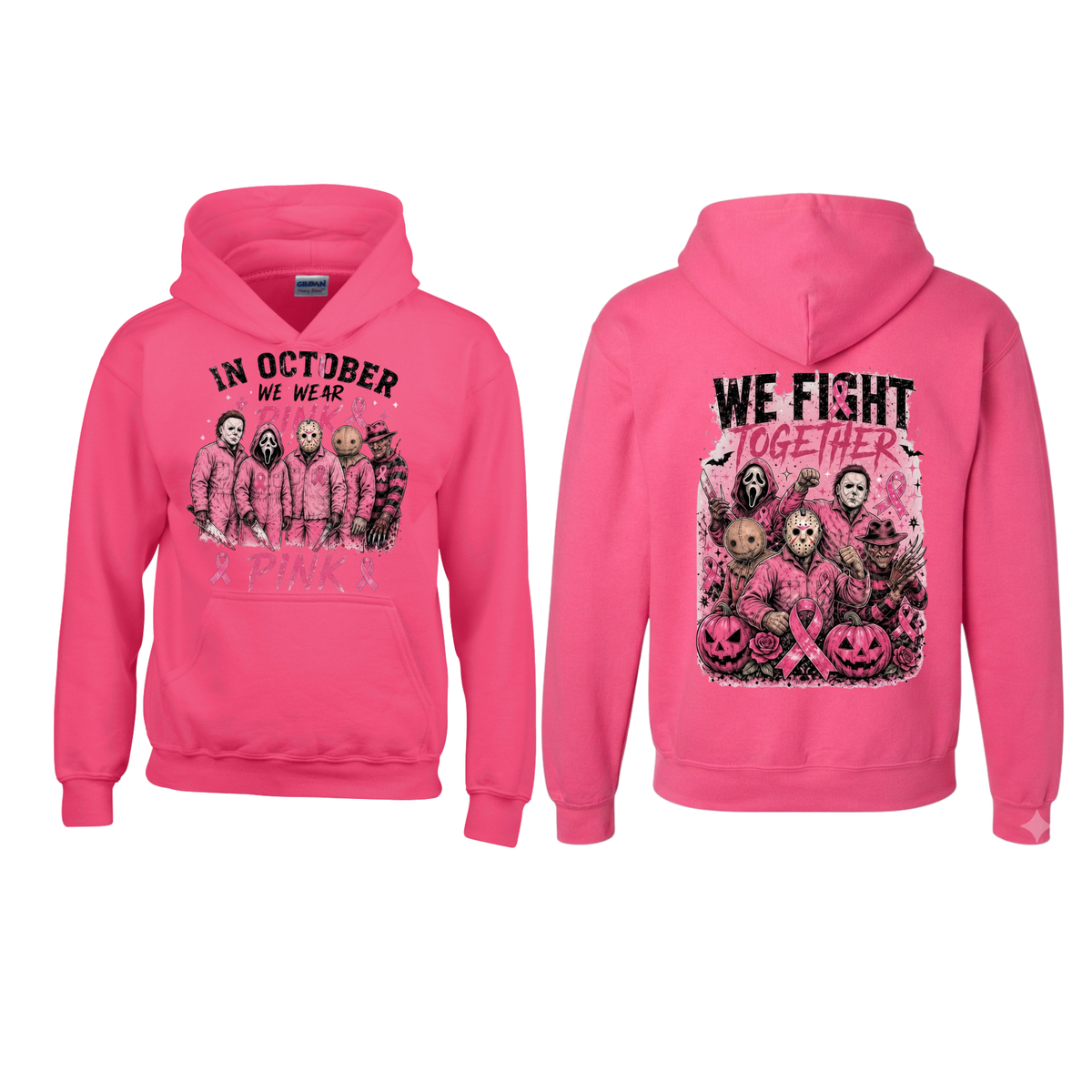 Pink Horror October Pullover Hoodie – Halloween Scary Movie Character & Pumpkin Graphic Sweatshirt