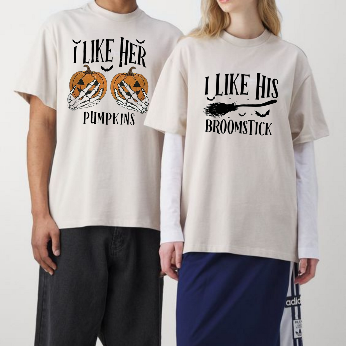 Couple Halloween Shirt – "I Like Her Pumpkins" & "I Like His Broomstick", Matching Funny Halloween T-Shirt