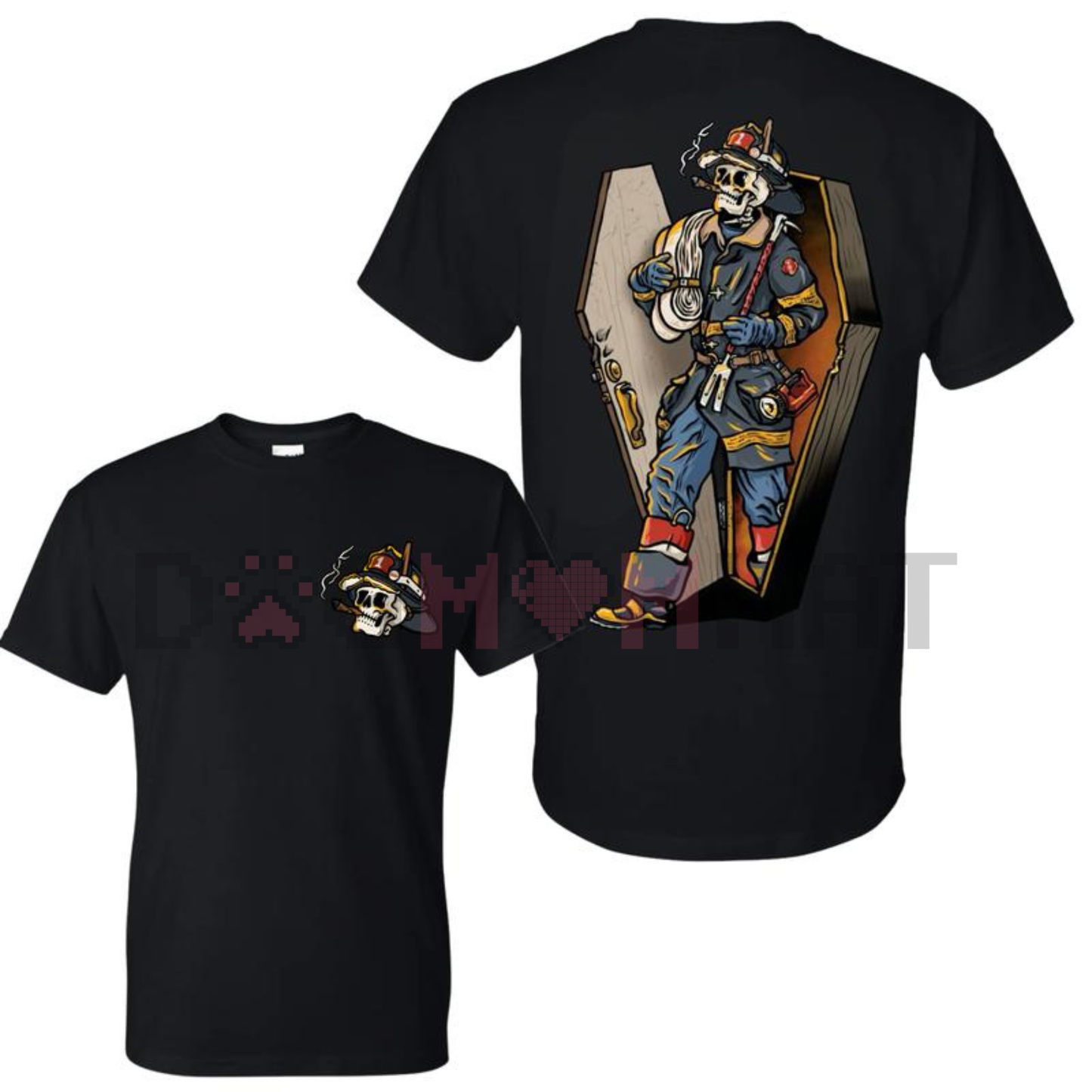Firefighter Skull Coffin Graphic Tee – Edgy Gothic Statement Design, 2 Sides, Bold Wear For First Responders, Fire Department Apparel