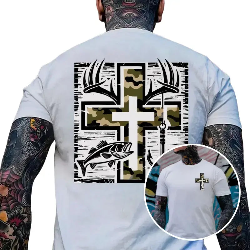 Southern Charm Fishing Shirt – Camo Cross Antlers & Bass Graphic Tee