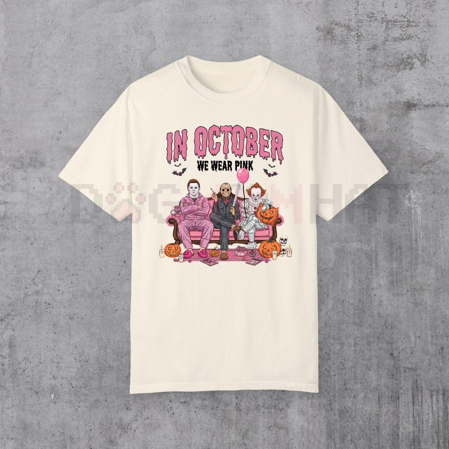 Women's Halloween Graphic T-Shirt – "In October We Wear Pink" Lettering with Ghosts Pumpkins Candy Design