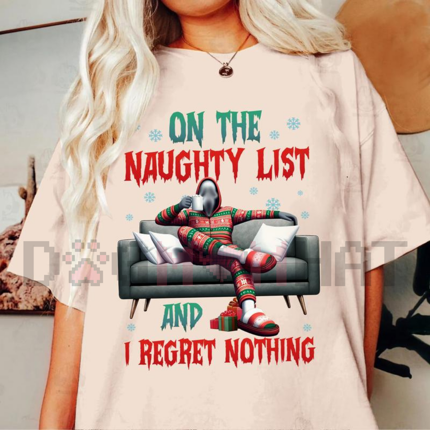 On The Naughty List And I Regret Nothing" Christmas Shirt – Team Naughty Sweater, Festive Holiday Movies Tee