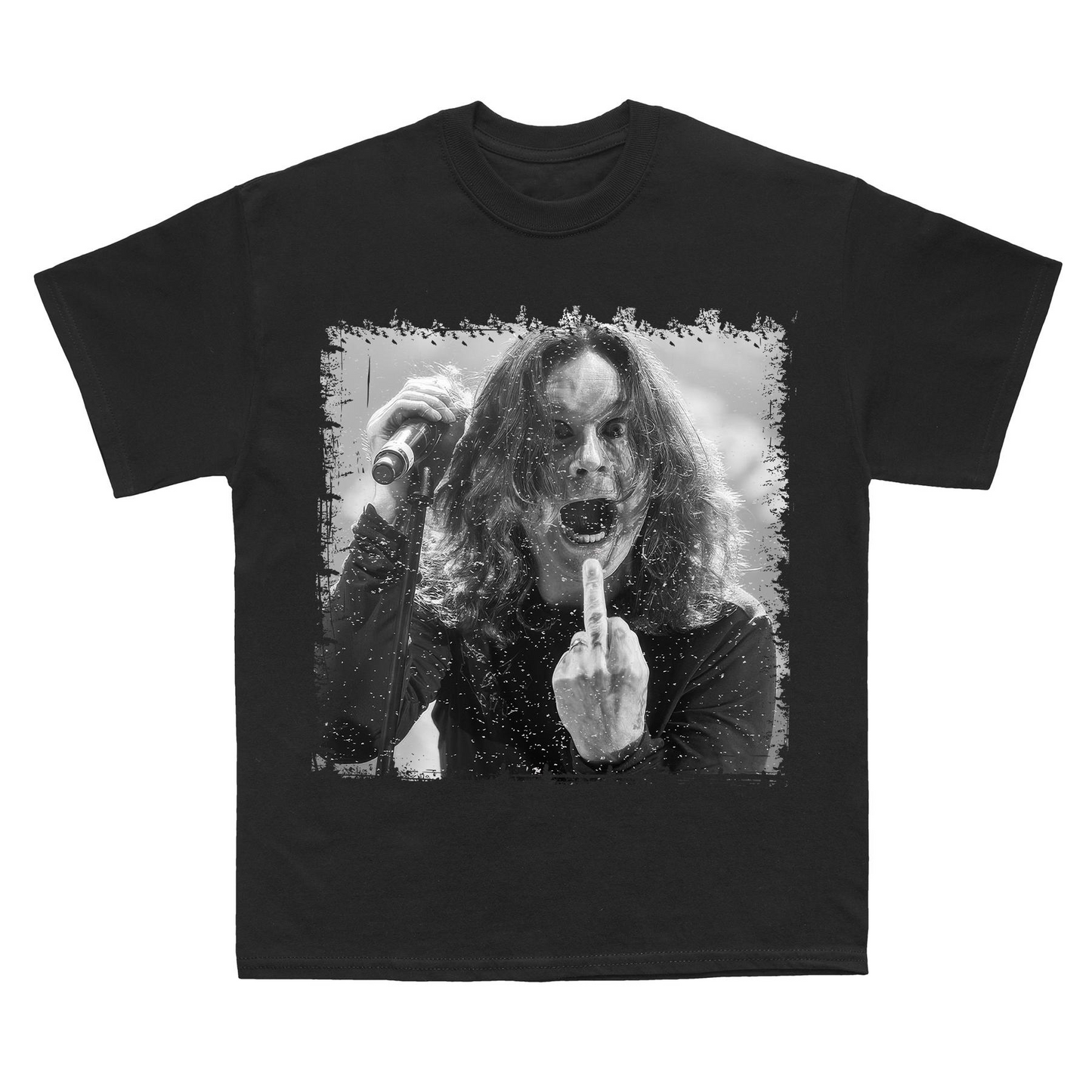 Ozzy Osbourne B&W T-Shirt – Black Sabbath Tribute Tee, Bold Middle Finger Graphic, Unisex Rock Apparel